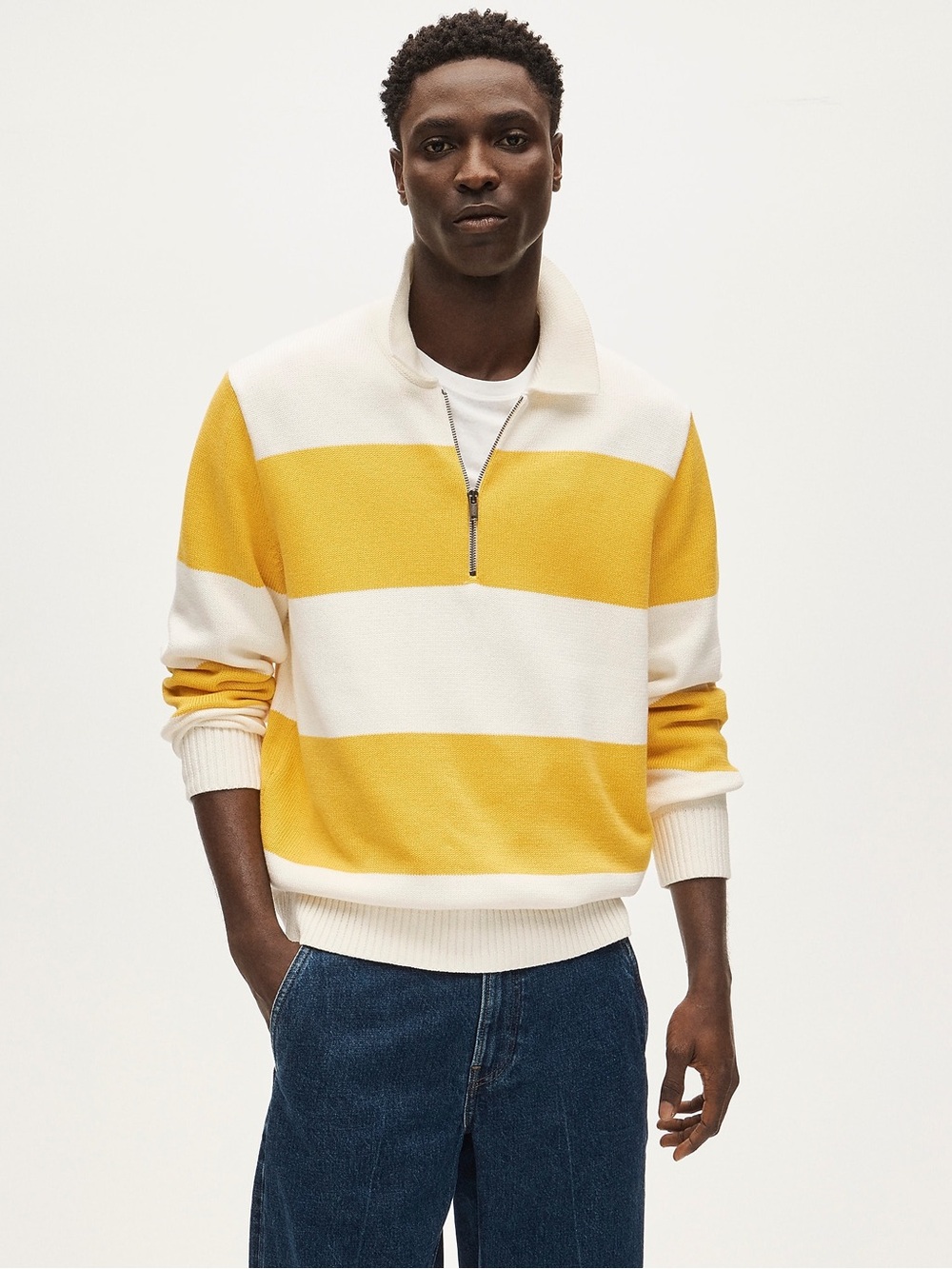 NWT J. Crew Men’s Heritage Cotton Quarter-zip Sweater Sz M Yellow White Preppy